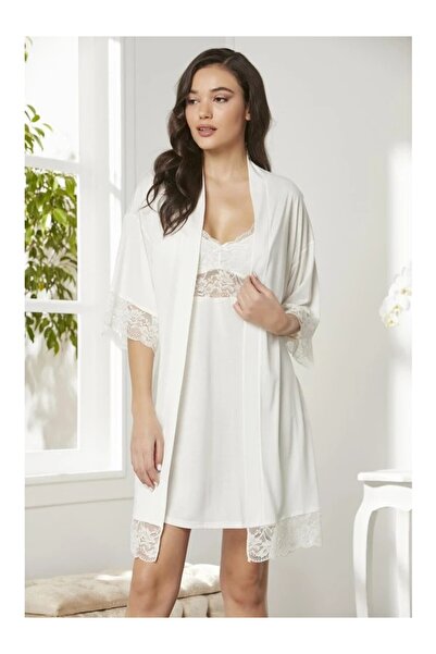 Pierre Cardin Lace Combed Cotton Nightgown Dressing Gown Set Ecru