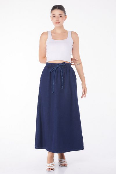 TOFİSA Fine Textured Denim Skirt Dark Blue - 25360