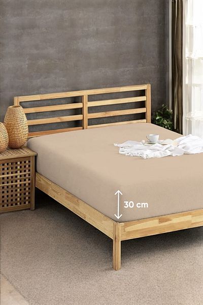 pepuza Beige Cotton Soley Battal 180X200Cm Combed Cotton Elastic Sheet