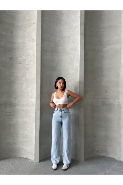 ÇEÇİM Women's Snow Washed High Waist Palazzo Jeans