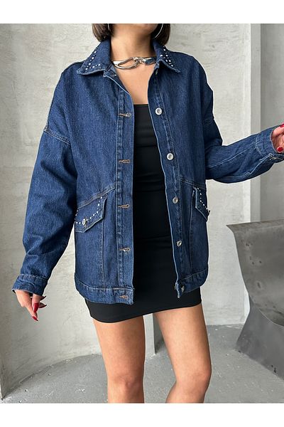 ÇEÇİM JACHETĂ DE DENIM OVERSIZE DETALIATĂ DE PIATRA PENTRU FEMEI ZYN-58710