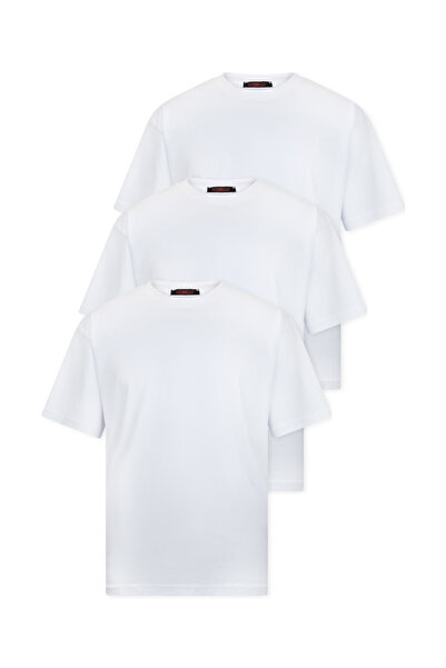 WERRONİ 3'lü Oversize Massimo Kalın Tok Basic T-Shirt - Beyaz - Beyaz - Beyaz