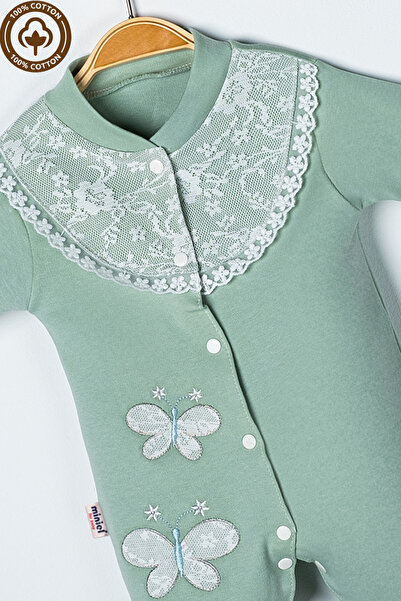 Miniel 3-6-9 Months Baby Girl Embroidered Guipure Detailed Organic Cotton Booties Jumpsuit