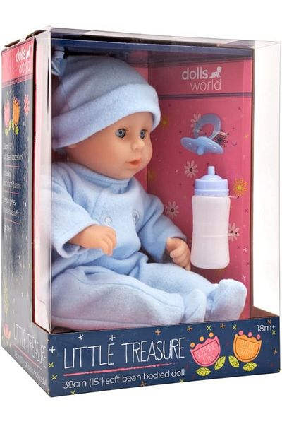 Dollsworld دمية طفل من عالم الدمى، كنز صغير، مقاس 15 بوصة، مع عيون نائمة وزجاجة ودمية - للأعمار من 18 شهرًا فأكثر