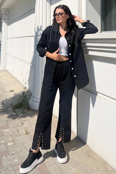 TOFİSA Black Stone Detailed Women's Double Suit - Plain Shirt Collar - 25365