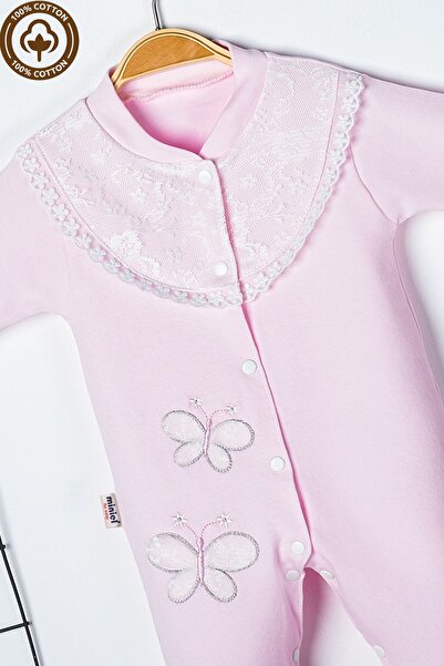 Miniel 3-6-9 Months Baby Girl Embroidered Guipure Detailed Organic Cotton Booties Jumpsuit