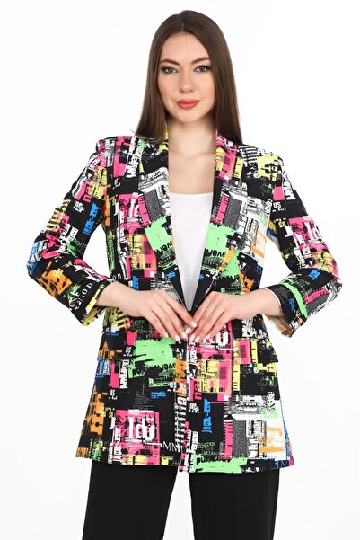 GND TEKSTİL Gnd Kadın Renkli Desenli Oversize Blazer Ceket