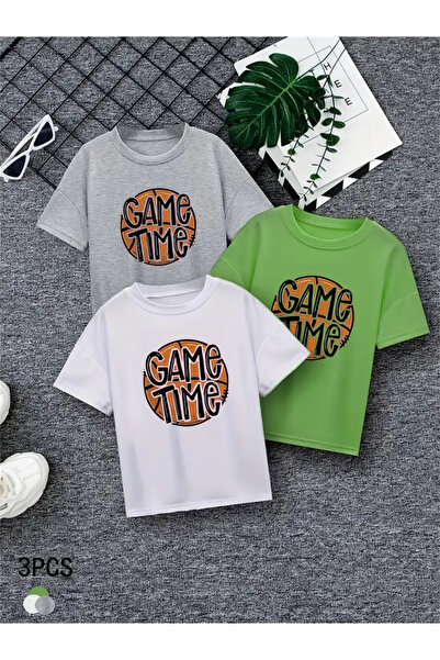 LOUİSA T-shirt majica za dečake, 3 komada, sa printom "Game Time", zeleno-bel...