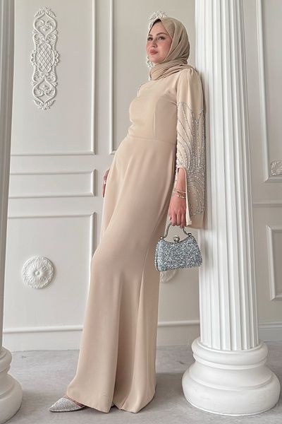 InStyle Βραδινό φόρεμα με κομμένο μανίκι με πέτρα μπεζ