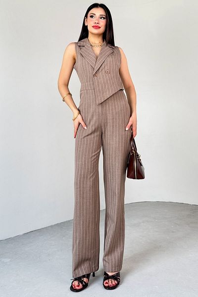 Cappmoda Elb-01778 Brown Flap Collar Asymmetrical Cut Zero Sleeve Jumpsuit