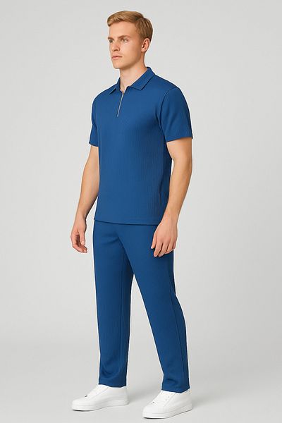 Altamira Men's Petrol Blue Half Zipper Ottoman Tracksuit Set