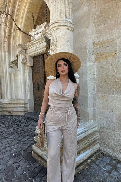 MOZENA Double Suit with Degeage Collar and Belt