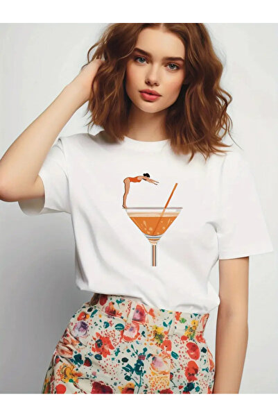 AEMİ Унисекс тениска с щампа на мартини, 100% памучен оверсайз