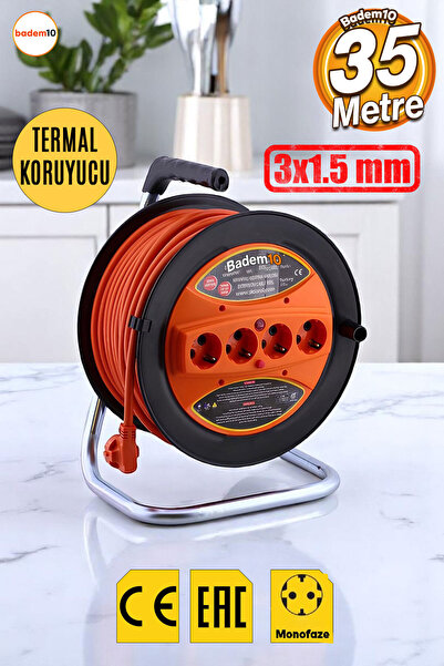 Badem10 Makaralı Cca Uzatma Kablosu 3x1.5 Mm 35 Metre Plastik Seyyar Termal S...