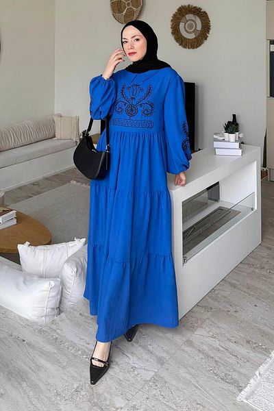 lamelif Φόρεμα Hijab Κεντημένο Τουλίπα Saks Blue