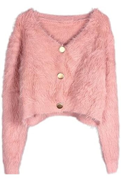 BUNCA Bunka Women's and Girls Pink Mohair Short Jacket with Shiny Gold Buttons