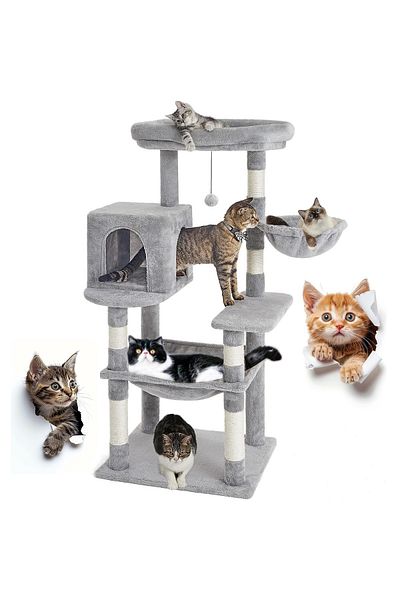Fish & Paws Ansamblu pisici Fish & Paws®, 143 cm, 2 hamace, 1 căsuță, sisal rezistent, platforme observare, Gri