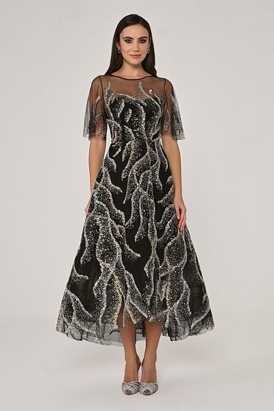 ALFABETA Black Sequin Tulle Midi Dress