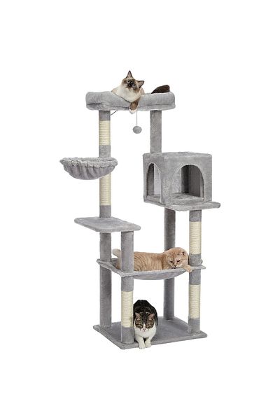 Fish & Paws Ansamblu pisici Fish & Paws®, 143 cm, 2 hamace, 1 căsuță, sisal rezistent, platforme observare, Gri
