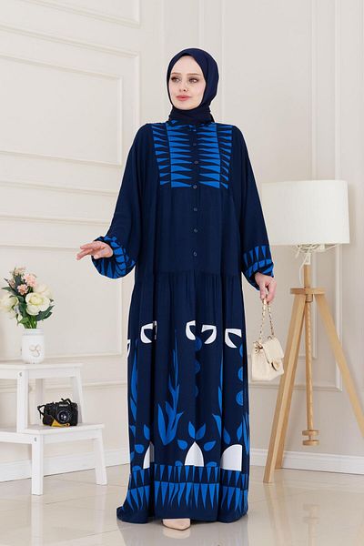 Sevitli Half Button Robe Hülya Dress-Navy Blue