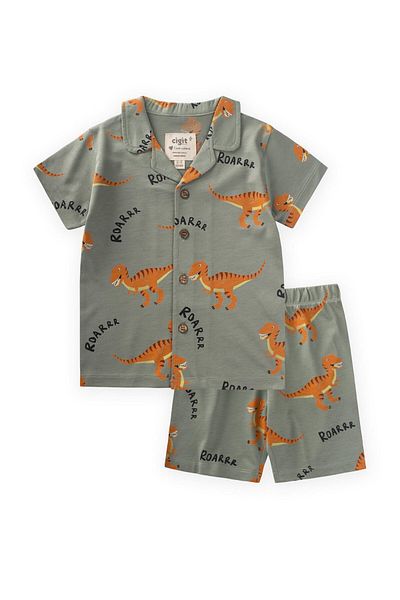 Cigit Dinosaur Printed Pajama Suit 1-7 Years Green