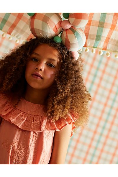 Ziddy Cotton Dress with Embroidery and Ruffles for Girls, Coral