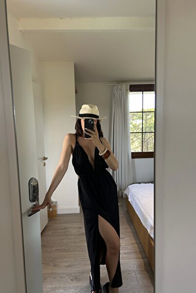 Eka Rochie lungă neagră cu șireturi pentru femei 1026-221679