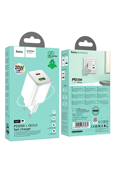 REDz Accessories Υποδοχή φόρτισης 2 θυρών, Hoco N41, Type-C + USB, Γρήγορη φόρτιση 20W, Λευκό