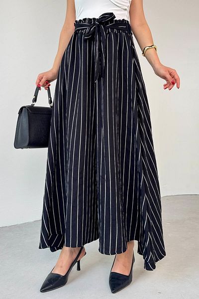 Cappmoda Pnt-07411 Black Striped Woven Baggy Skirt Trousers