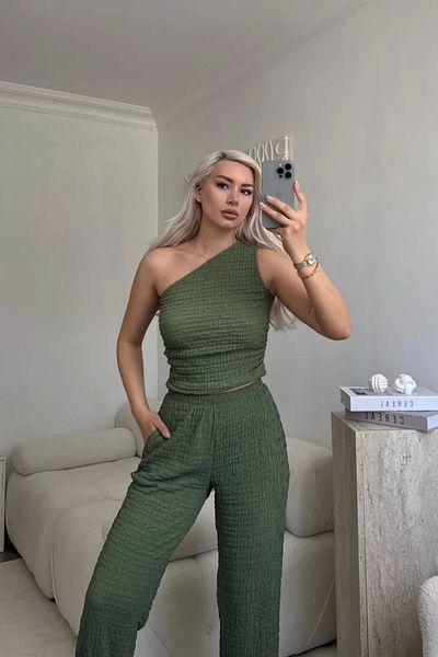 MOZENA One Shoulder Crop and Pants Seersucker Set