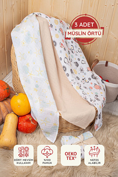 3'lü Çok Amaçlı Müslin Örtü Seti - 75x75 cm - ZTC200