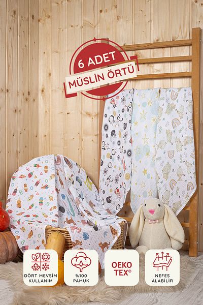 LUCKKA Digital Printed 6-Piece Multi-Purpose Muslin Blanket Set - 75X75 Cm- Ztc100