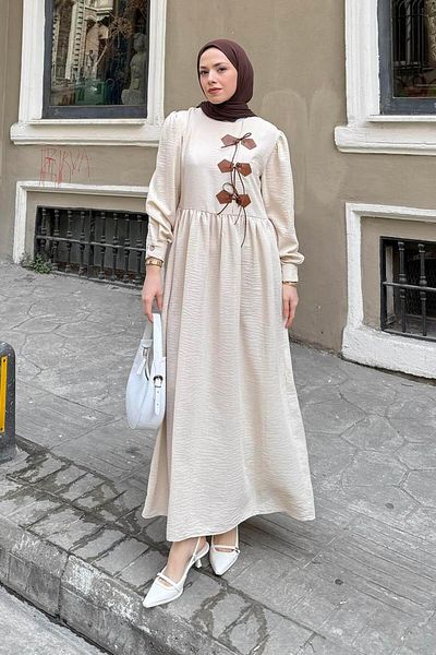 lamelif Δερμάτινη Λεπτομερής Πέτρα Φόρεμα Hijab