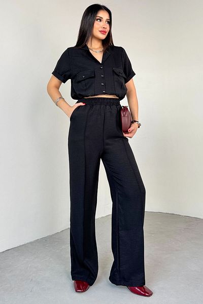 Cappmoda TKM-03687 طقم قميص قصير أسود بجيبين وأزرار مع بنطال خصر مطاطي