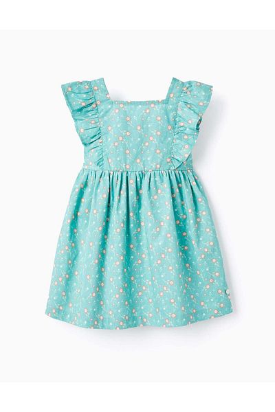Ziddy Floral Cotton Dress for Baby Girls, Aqua Green