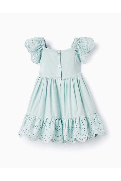 Ziddy Cotton Dress with Broderie Anglaise for Baby Girls, Aqua Green
