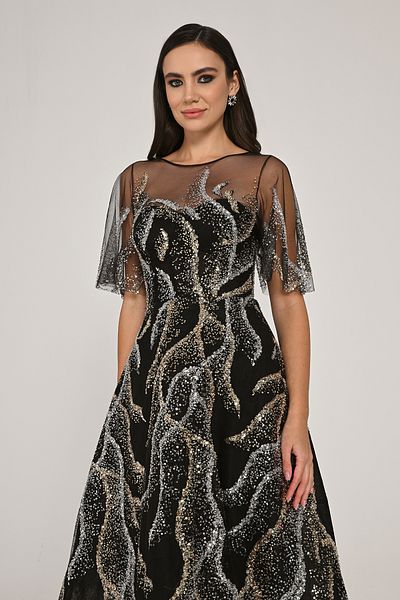 ALFABETA Black Sequin Tulle Midi Dress