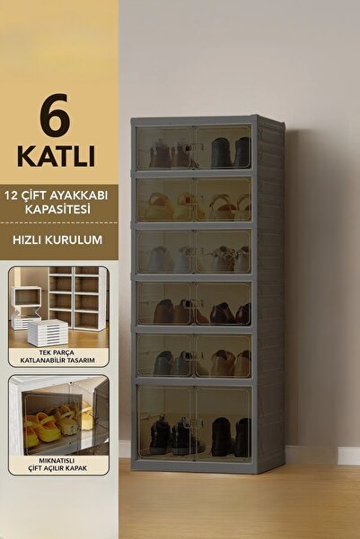 Piev 6 Katlı 12 Çift Ayakkabı Kapasiteli Mıknatıs Kapaklı Toz Geçirmez Ayakka...