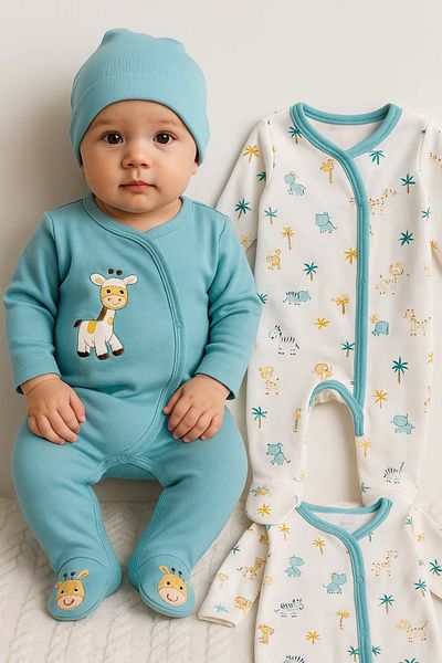 Babydonat Set of 4 Giraffe Embroidered Overalls for Baby Boy