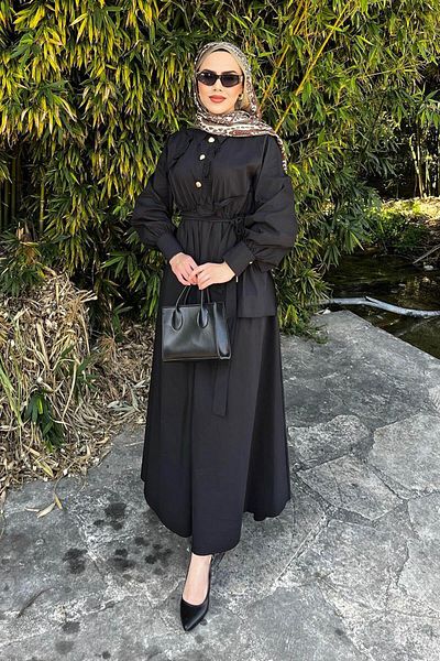 lamelif Φόρεμα με βολάν με μισό γιακά με κουμπιά μαύρο