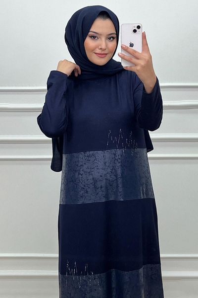 Elele Women's Serel Large Size 2 Thread Combination Navy Blue Dress