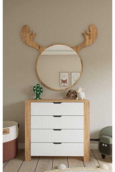 midoser Nisan Şifonyer Beyaz- Açık Ceviz 4 Çekmeceli Yatak Odası Bebek Odası Beyaz 90 X 85 Cm