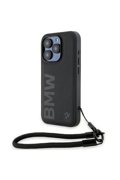 BMW IPhone 15 Pro Case, Signature Leather Wordmark Cord, BMW - Matte Black