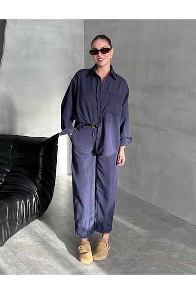 My Blog Navy Blue Marlin Belted Shirt Trousers Suit - 8453