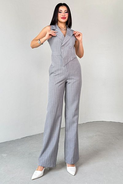 Cappmoda Elb-01778 Gray Flap Collar Asymmetrical Cut Zero Sleeve Jumpsuit