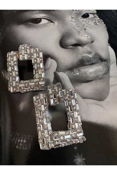 Pinery Jewels Limited Edition - Square Zircon Stone Detailed Maxi Size Evening Dress Earring Pair