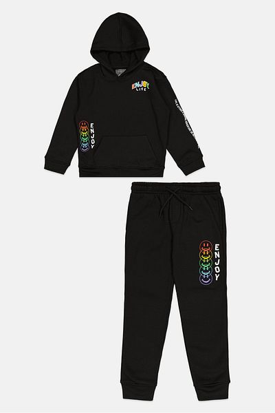 Brooklyn Kids Boy 2 Piece Hooded Printed Long Sleeve Sweatshirt And Pant, Black