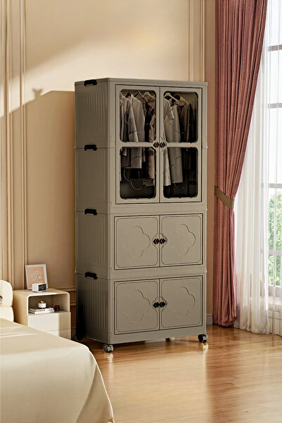 EVLE 3 Katlı Katlanabilir Modüler Giysi ve Eşya Dolabı – Tekerlekli, Kapaklı, Şeffaf Pencereli Tasarım