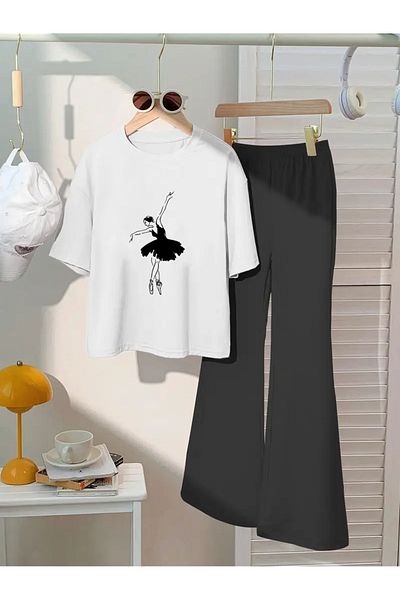 LOUİSA Girl's Ballerina Printed White T-Shirt-Black Flared Leggings Set