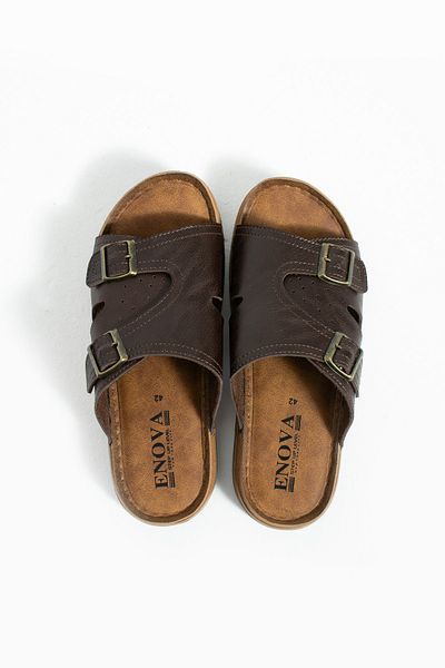 Enova Men's Leather (Artificial) Orthopedic Double-Mounted Sole Adjustable Buckle Stitched Stylish Home and Outdoor Men's Slippers